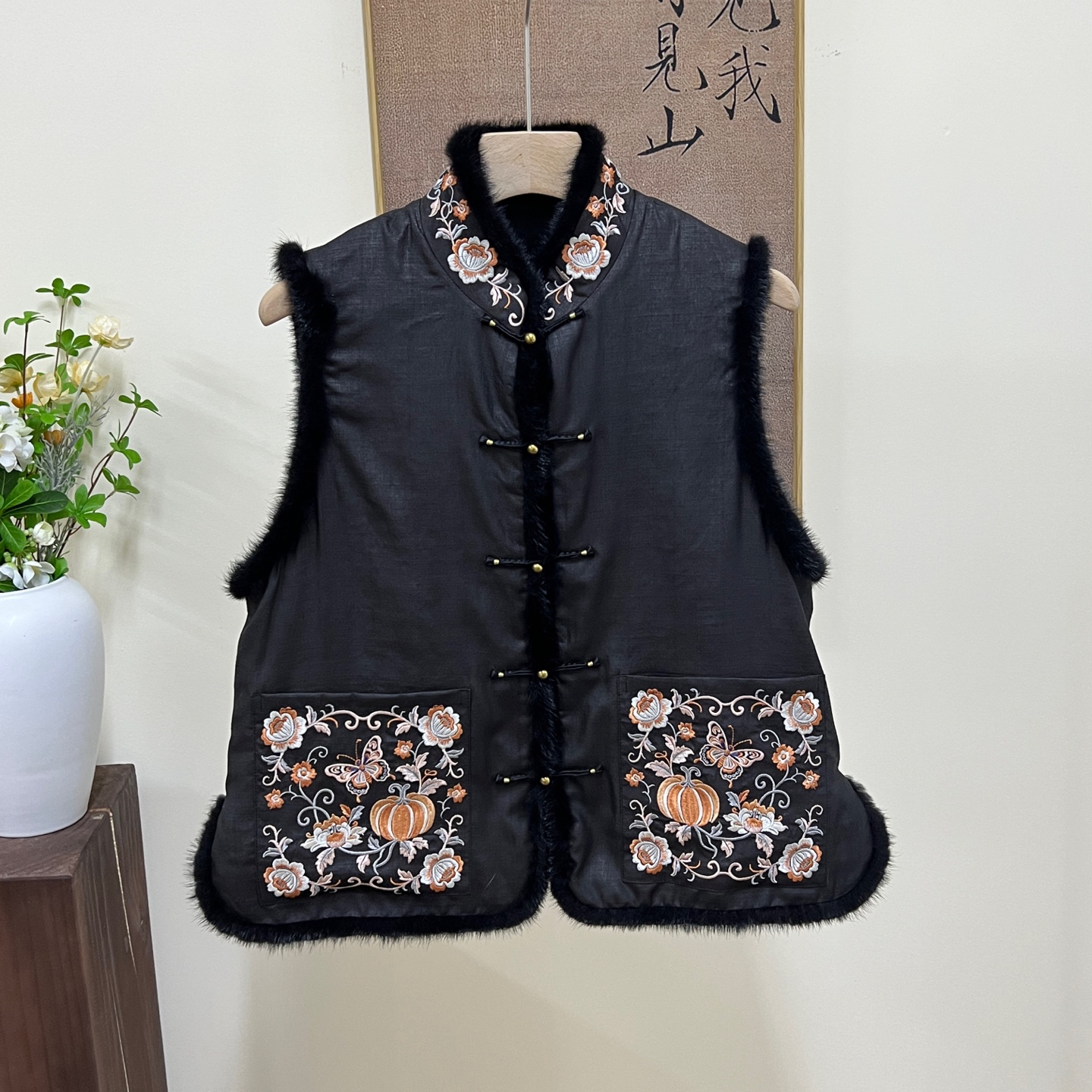 櫟丝御锦蚕丝女马甲复古中式加厚中国风马夹 082