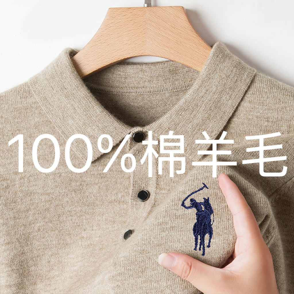 秋冬季100%羊毛男士长袖刺绣小马标翻领高端休闲舒适保暖针织毛衣