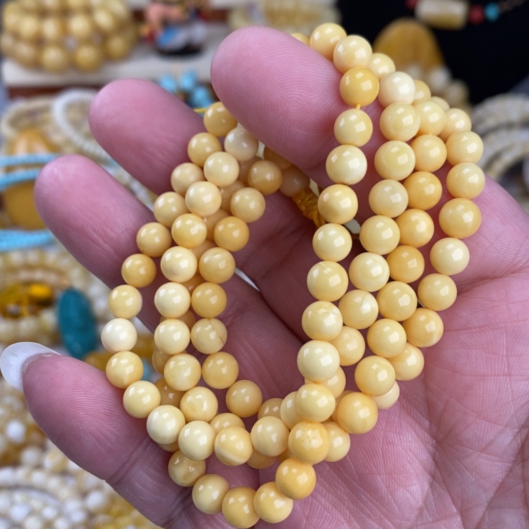 蜜蜡未镶嵌手链自然氧化奶酪白浓蜡7mm圆珠长串