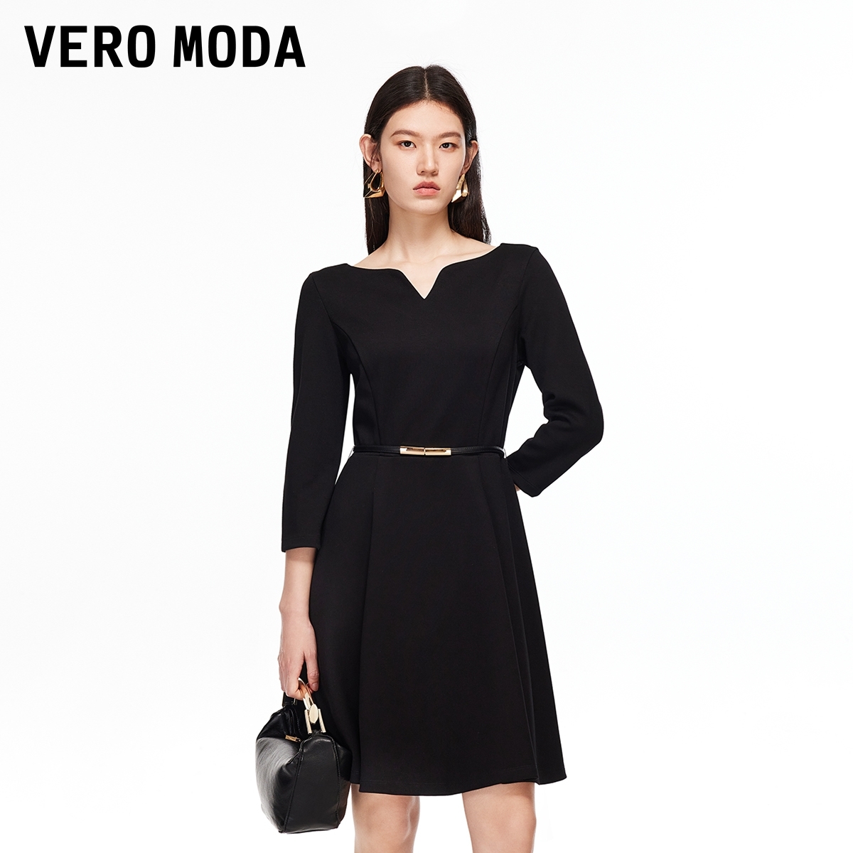 Vero Moda连衣裙2025新款V领腰带设计七分袖中长裙老钱风松弛感