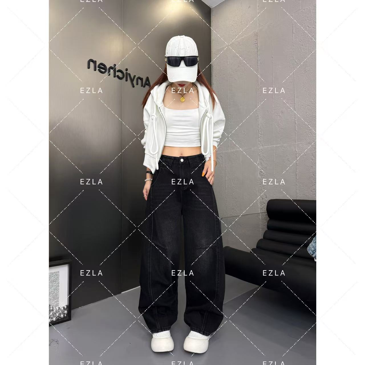 EZ8637-新款黑牛百搭设计感显瘦高级无弹显瘦老爹堆堆裤