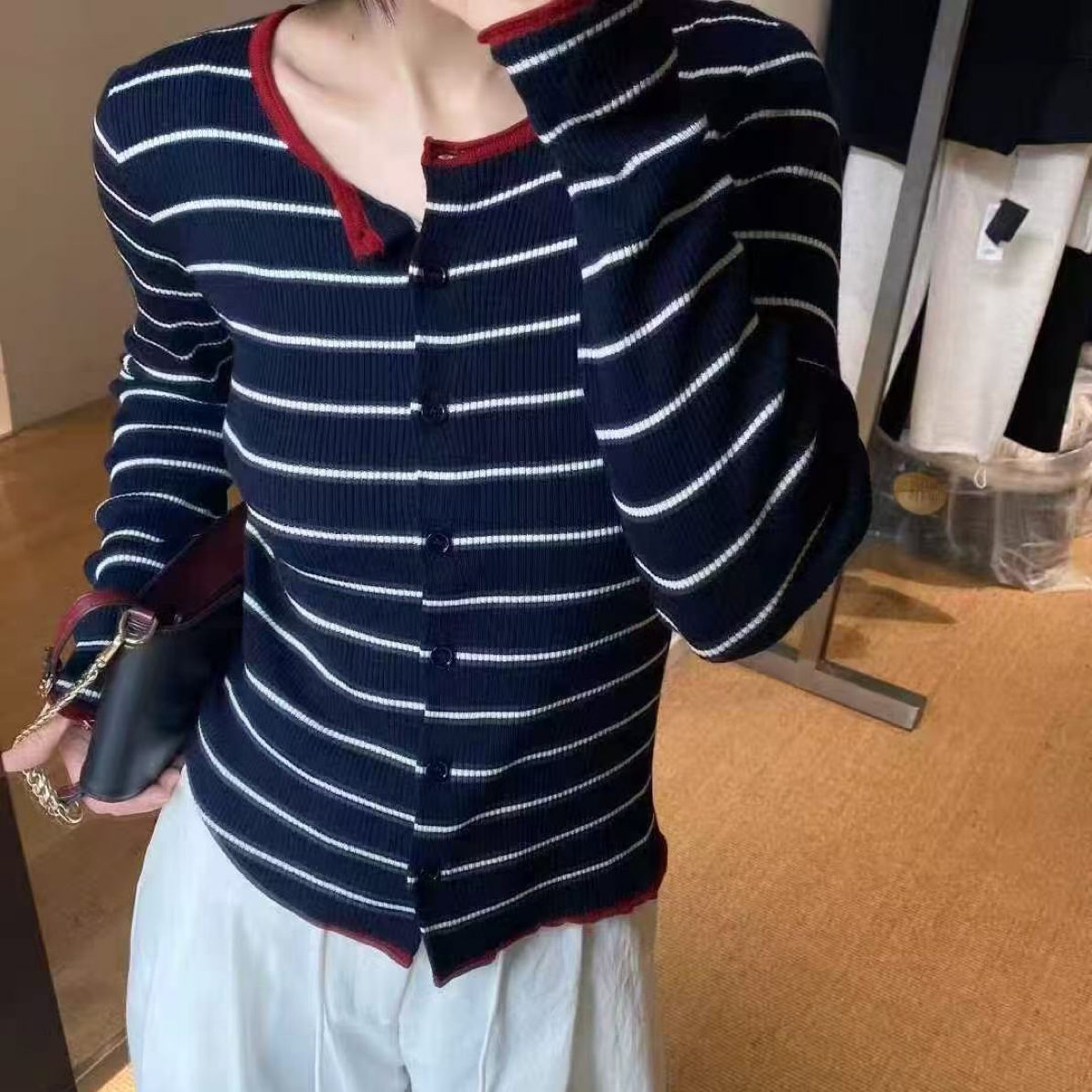 欧洲站2025早秋新款圆领拼色蓝色条纹针织开衫女百搭显瘦上衣3945