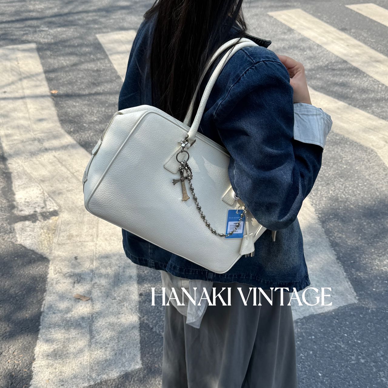 95新 Prada/普拉达 花绮中古/Prada白色侧标plume单肩包