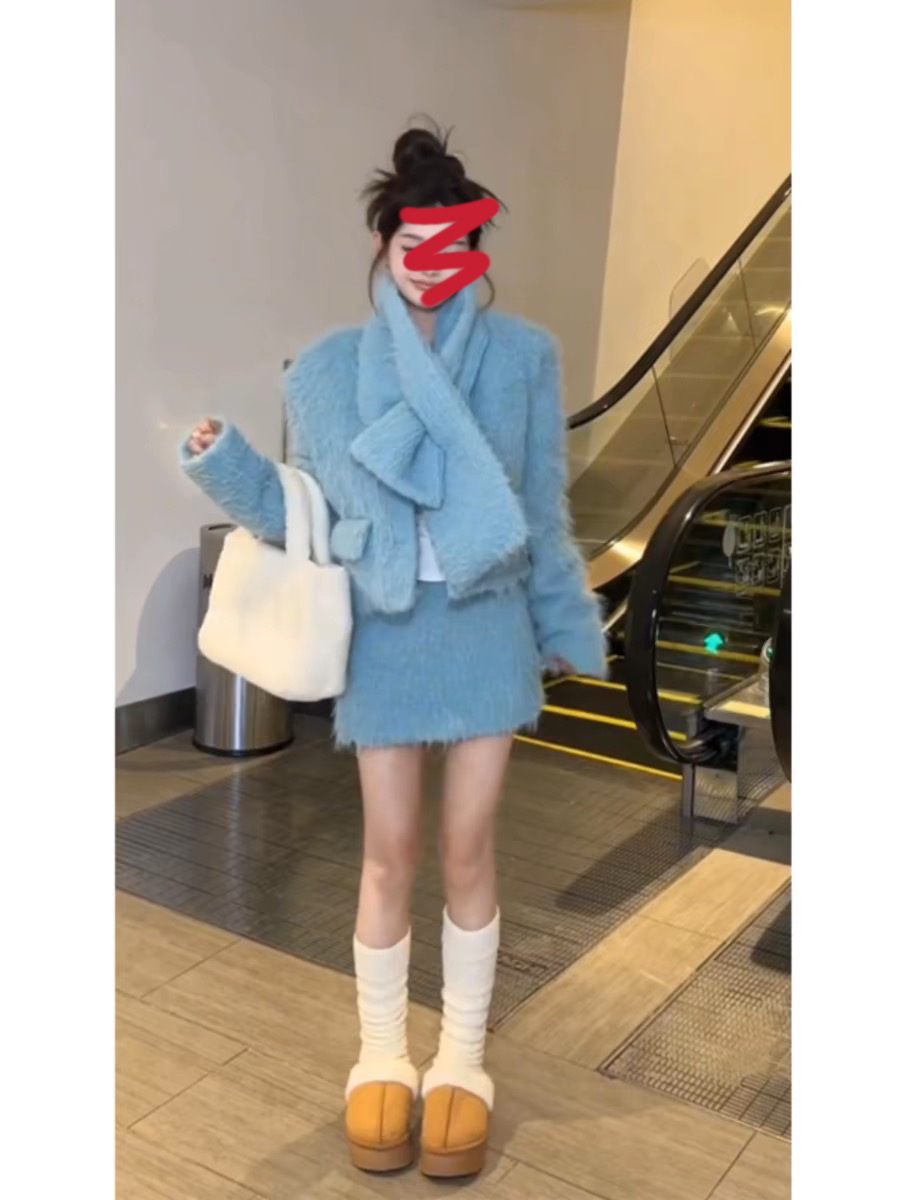 法式优雅气质三件套装冬款加棉外套+半身短裙+围巾