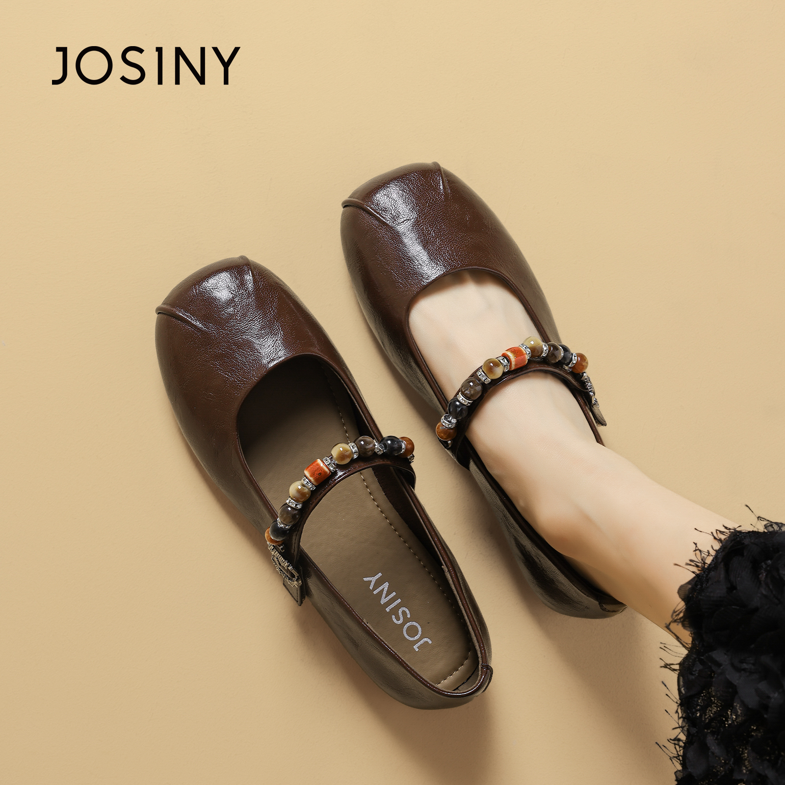 卓诗尼气质串珠单鞋女2025爆款外穿轻奢休闲低跟浅口玛丽珍鞋