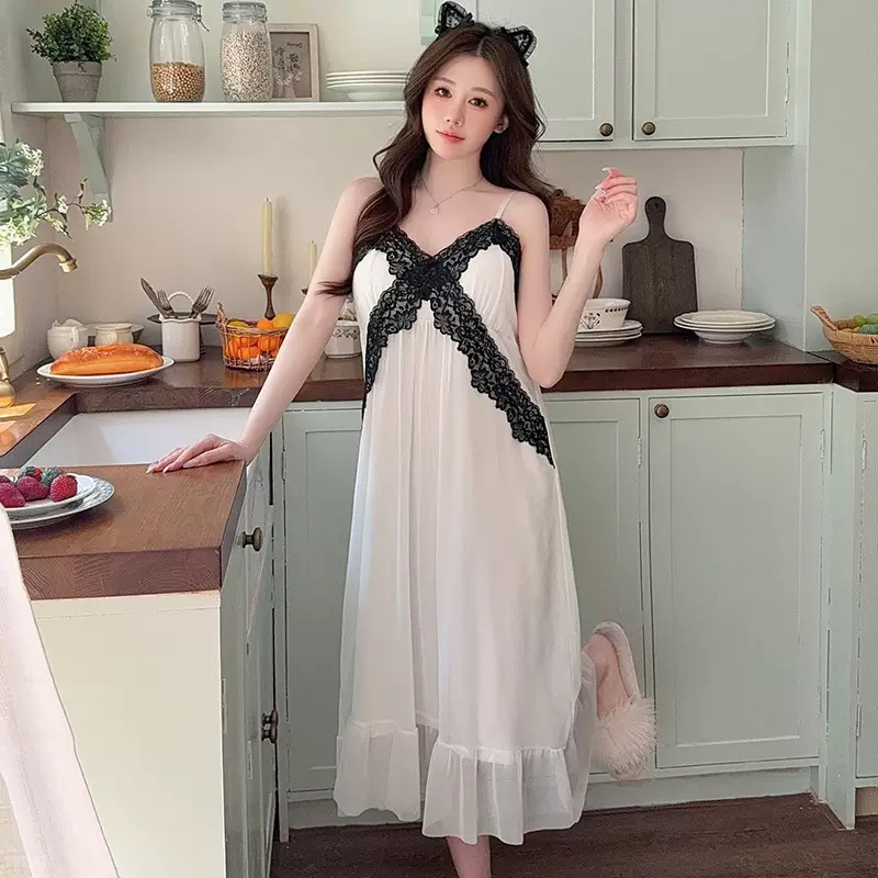 【2025·夏季新款】吊带睡裙V领带胸垫纯欲风网纱蕾丝花边睡衣家居服