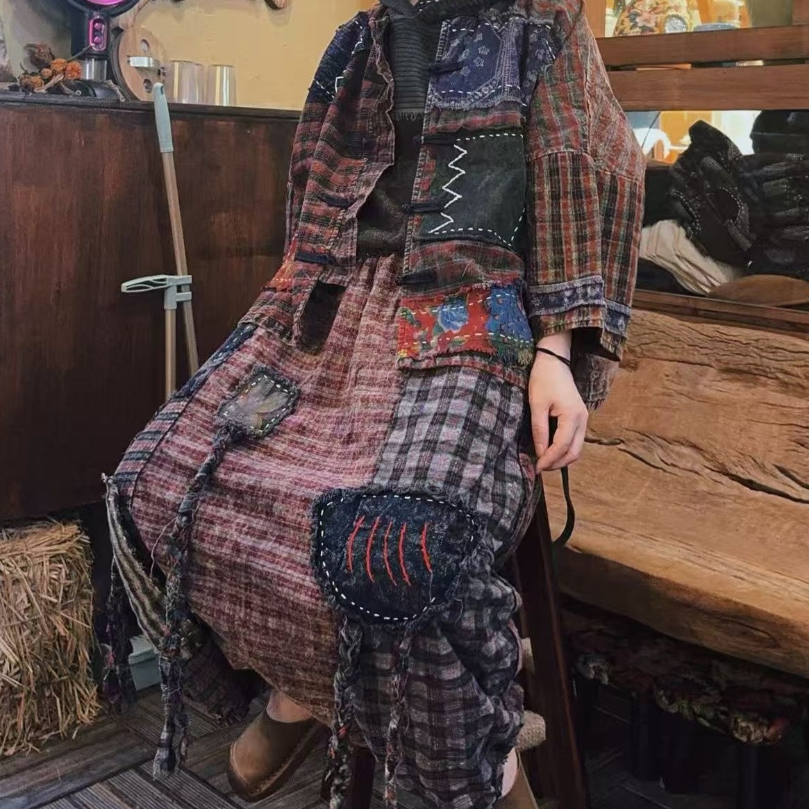 秋款宽松圆领气质拼接老布做旧休闲套装