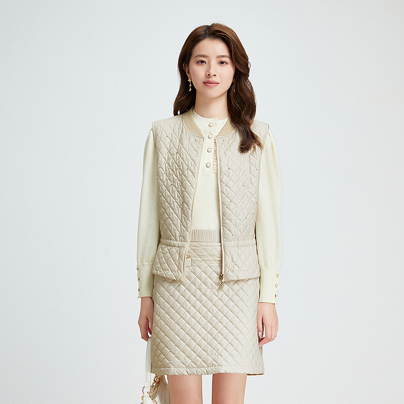 珂莱蒂尔秋季款气质通勤香风菱格棉服马甲背心外套女KH00531C1