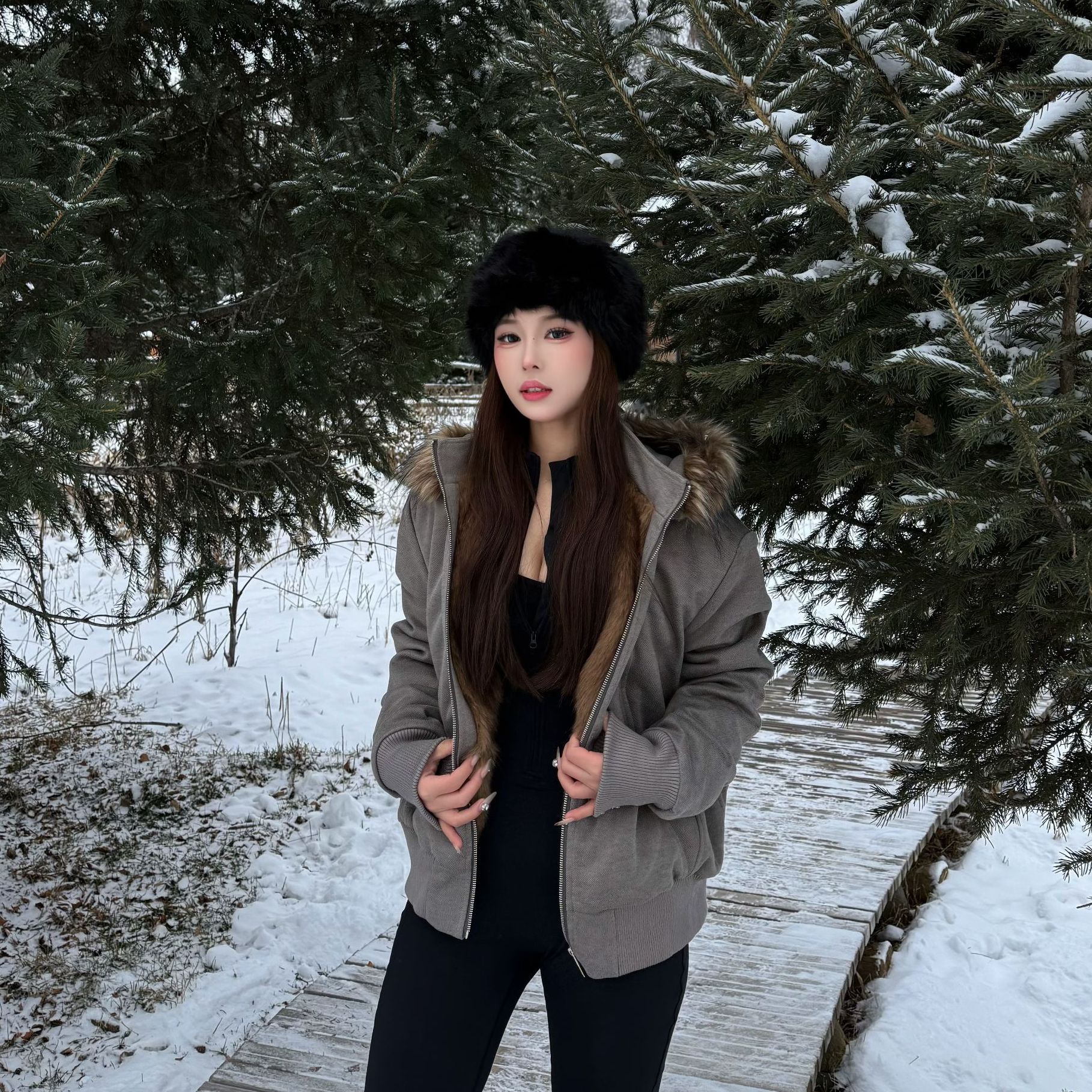 【Achock官方店】毛茸茸银狐可拆卸结构座山雕连帽水洗军帆布夹克女