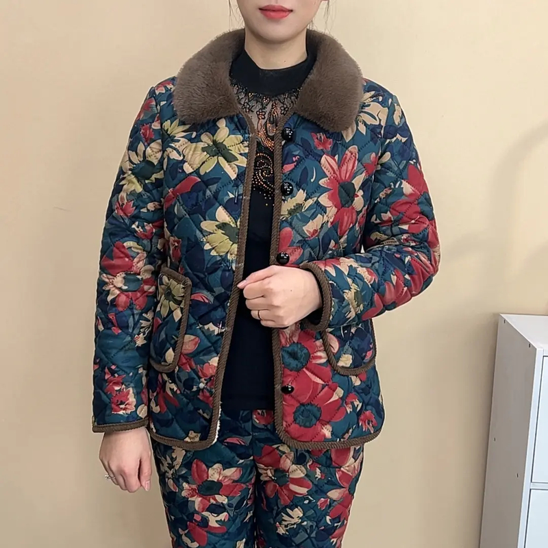 气质妈妈装时尚复古毛毛翻领加绒加厚保暖棉衣套装妈妈冬季装