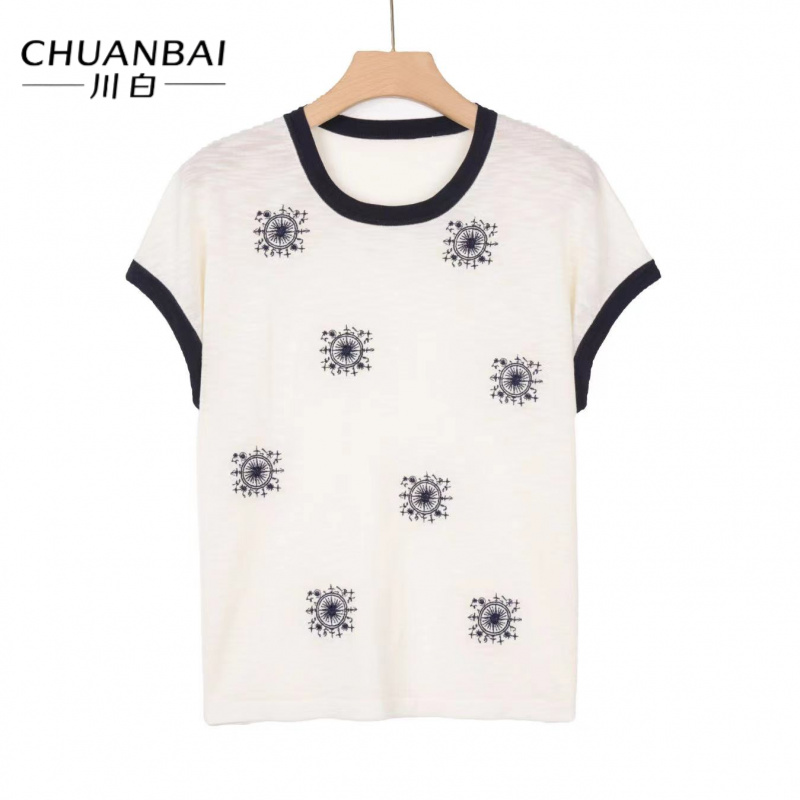 CHUANBAI 川白夏季再生纤维经典复古印花撞色圆领针织短袖