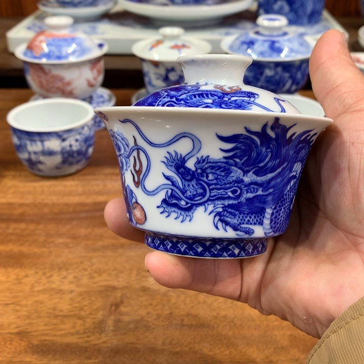 自成堂柴窑青花双龙盖碗