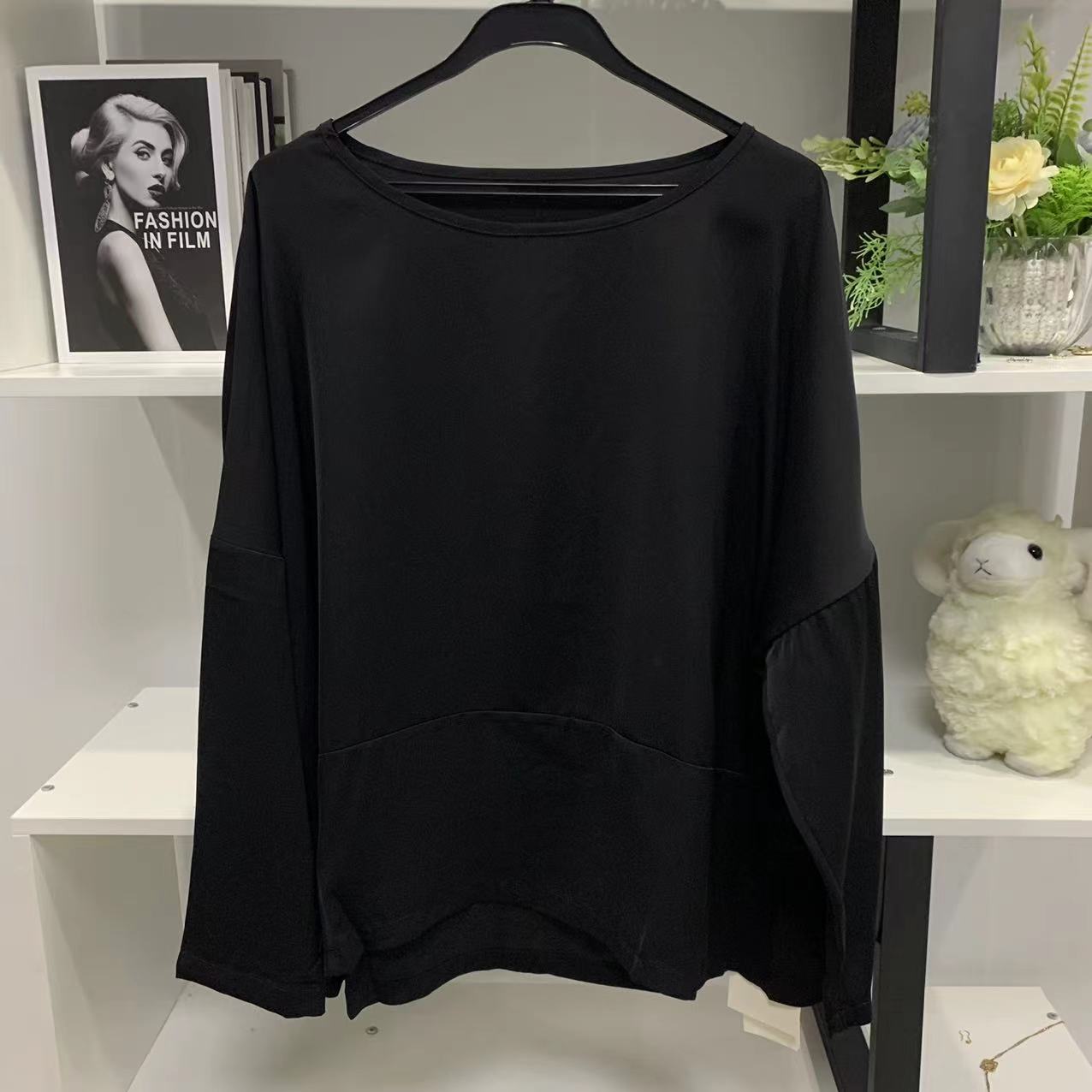 G2582【春季新款】时尚圆领黑色不规则设计百搭上衣037#