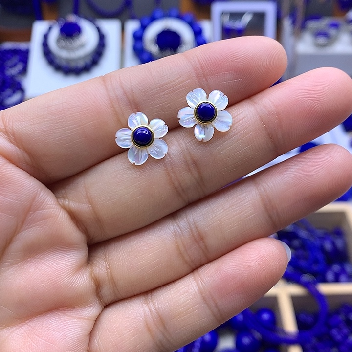 青金石耳钉银S925镀金镶嵌