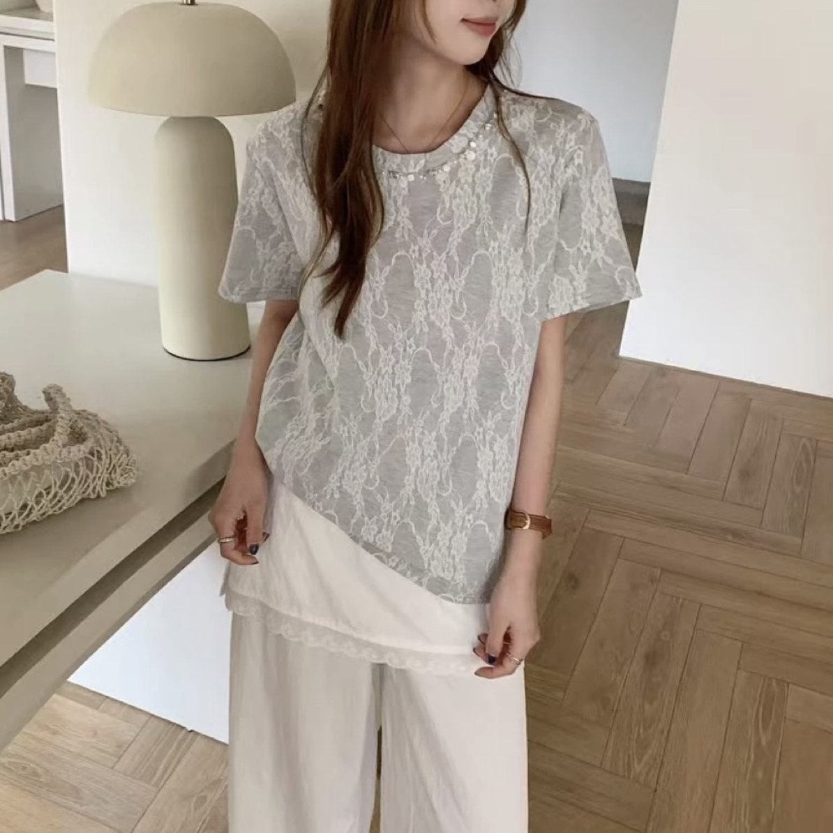 【海岛简爱】圆领蕾丝花印百搭T恤短袖夏季 7329