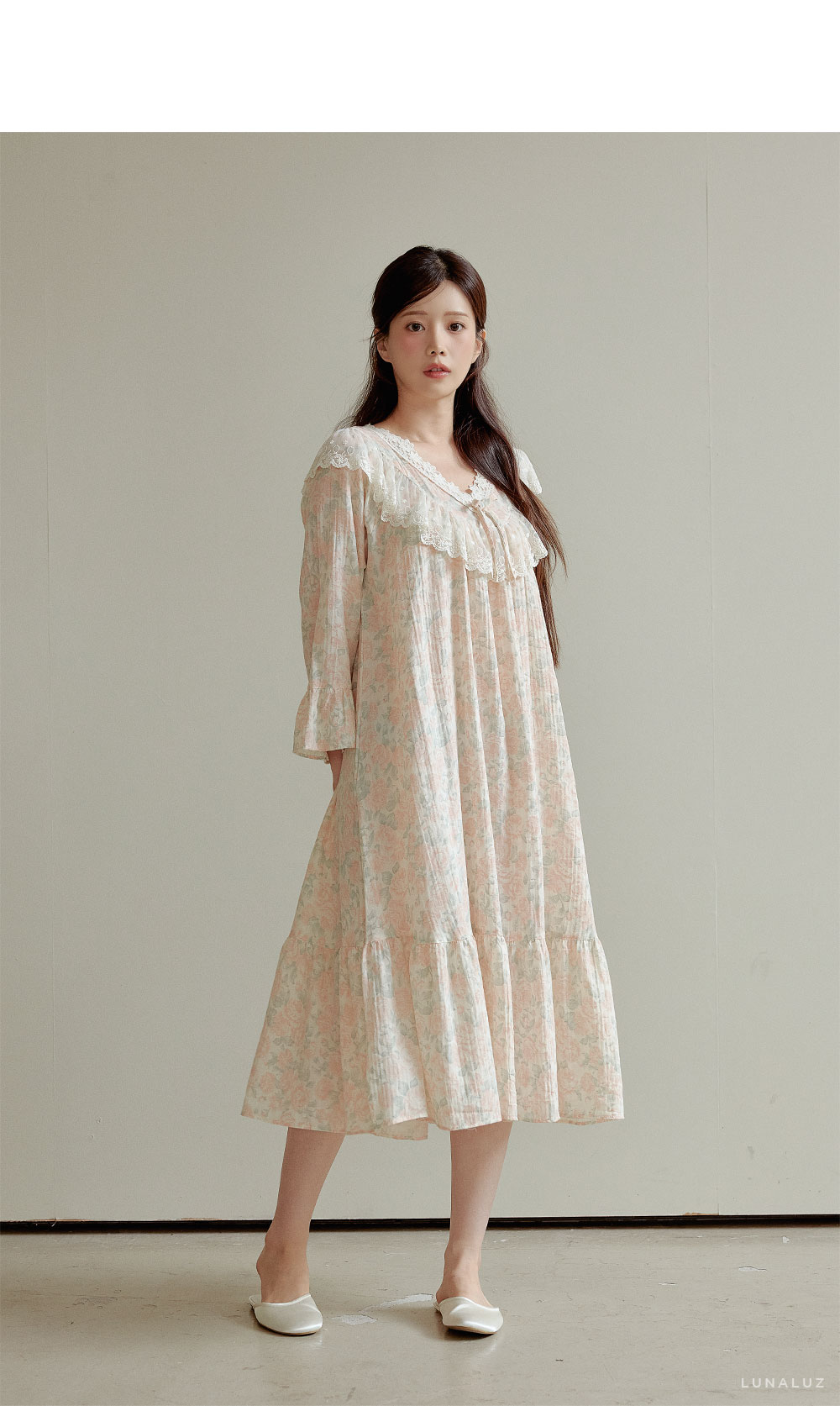 lunaluz韩国品牌纱布棉四季款蕾丝花边柔软舒适秋季薄款睡衣05232