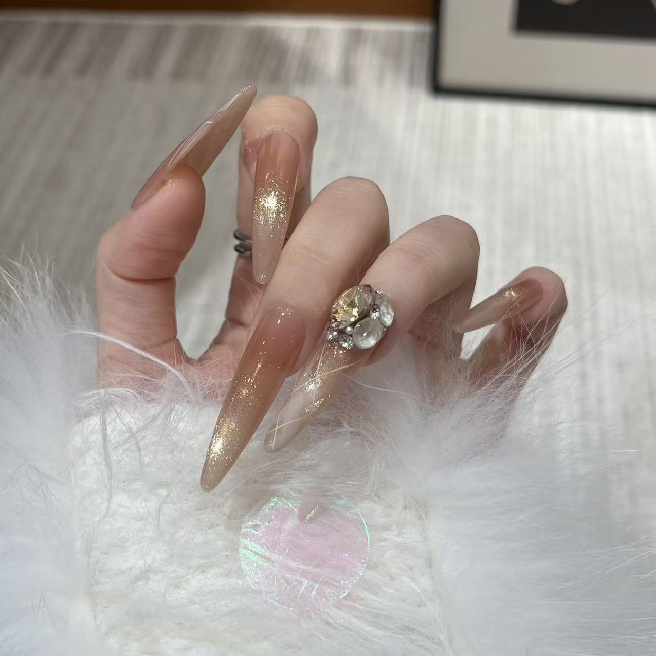 B/ 金棕格纹 秋冬金总色系爆闪千金感皮草适配全华纯手工穿戴甲