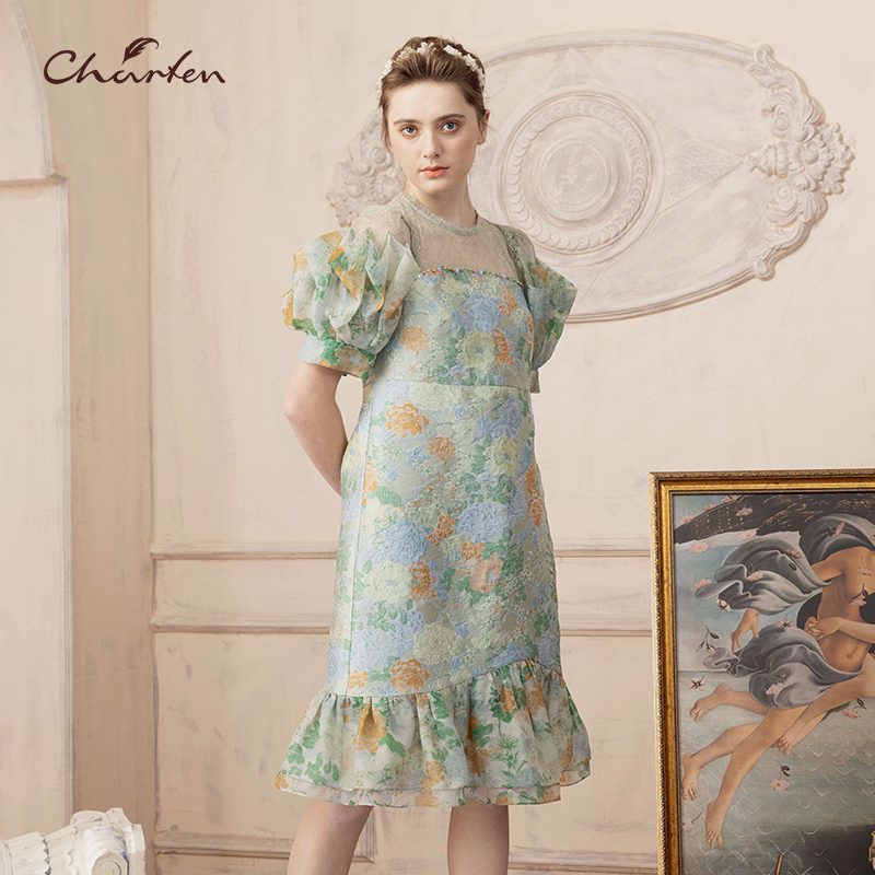 【媛媛专享】朝峰春夏气质碎花法式蕾丝拼接连衣裙CFD2D001-0002G