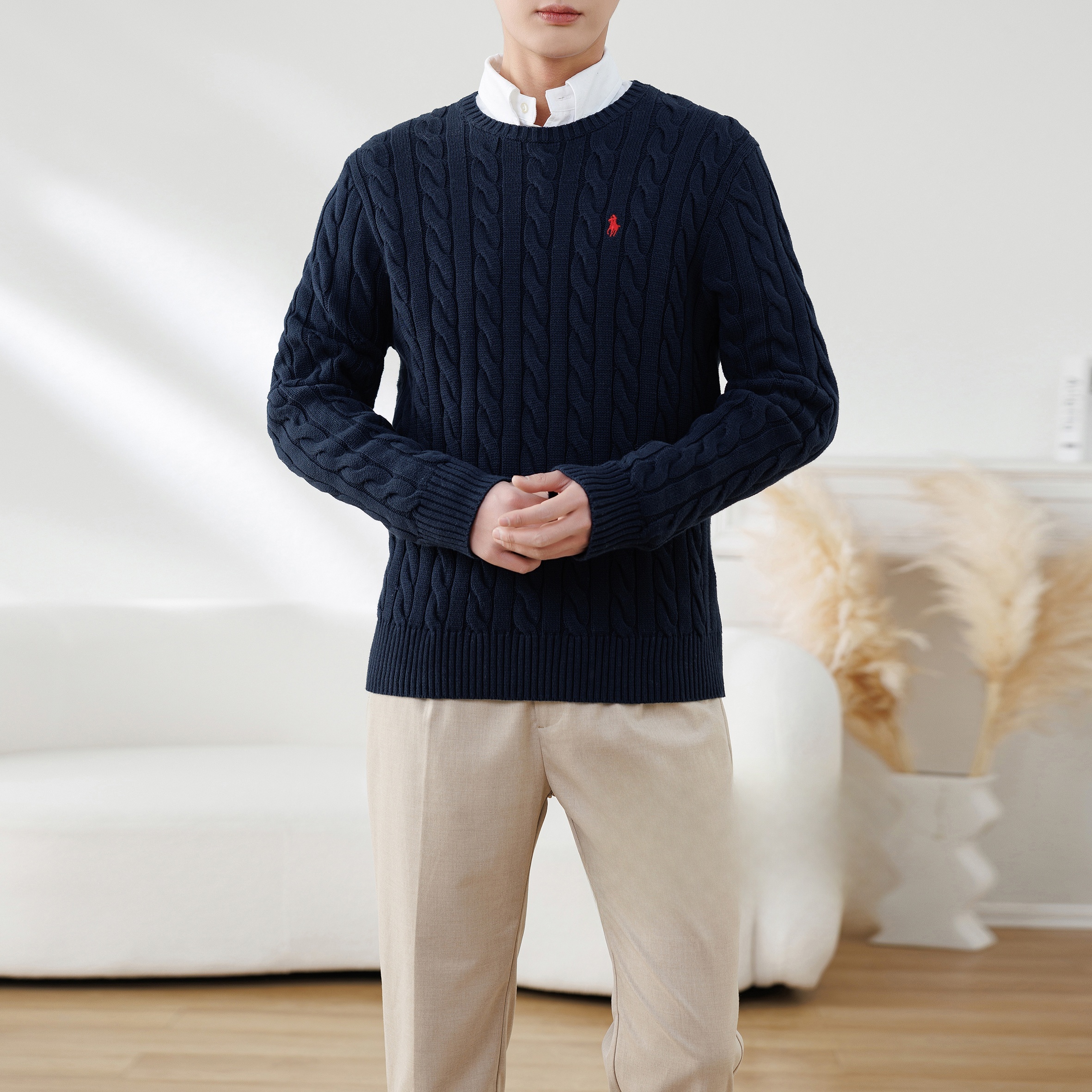 拉夫家 经典休闲时尚小马刺绣纯色圆领套头针织衫秋冬男款 百搭