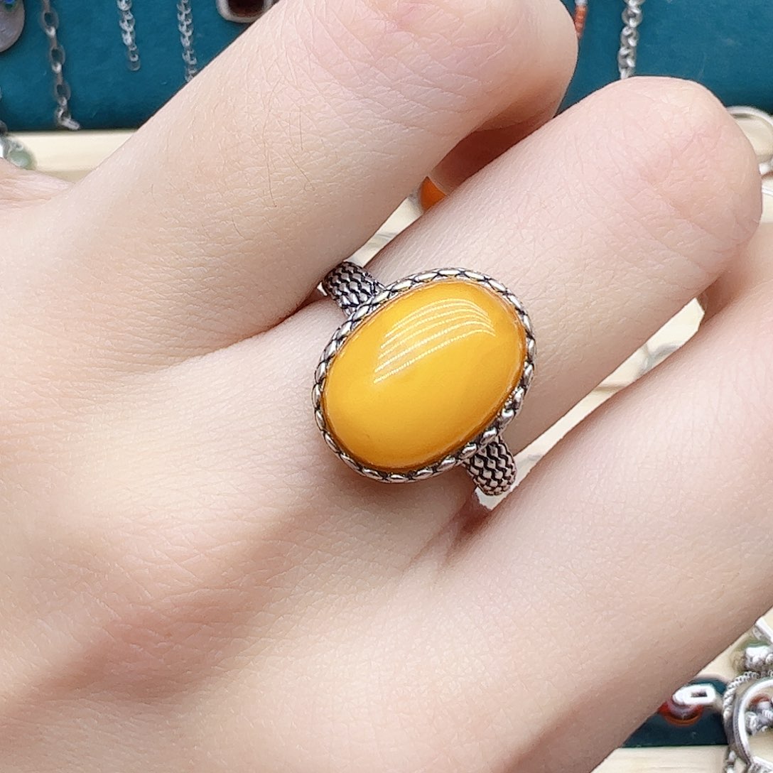 蜜蜡戒指银S925镶嵌天然