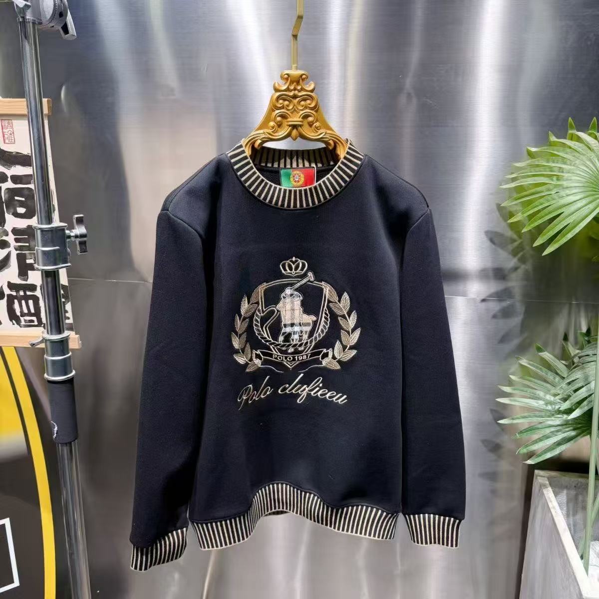 BW 刺绣长袖斜襟男圆领透气拼色卫衣男士秋季潮流冬季套头 F311