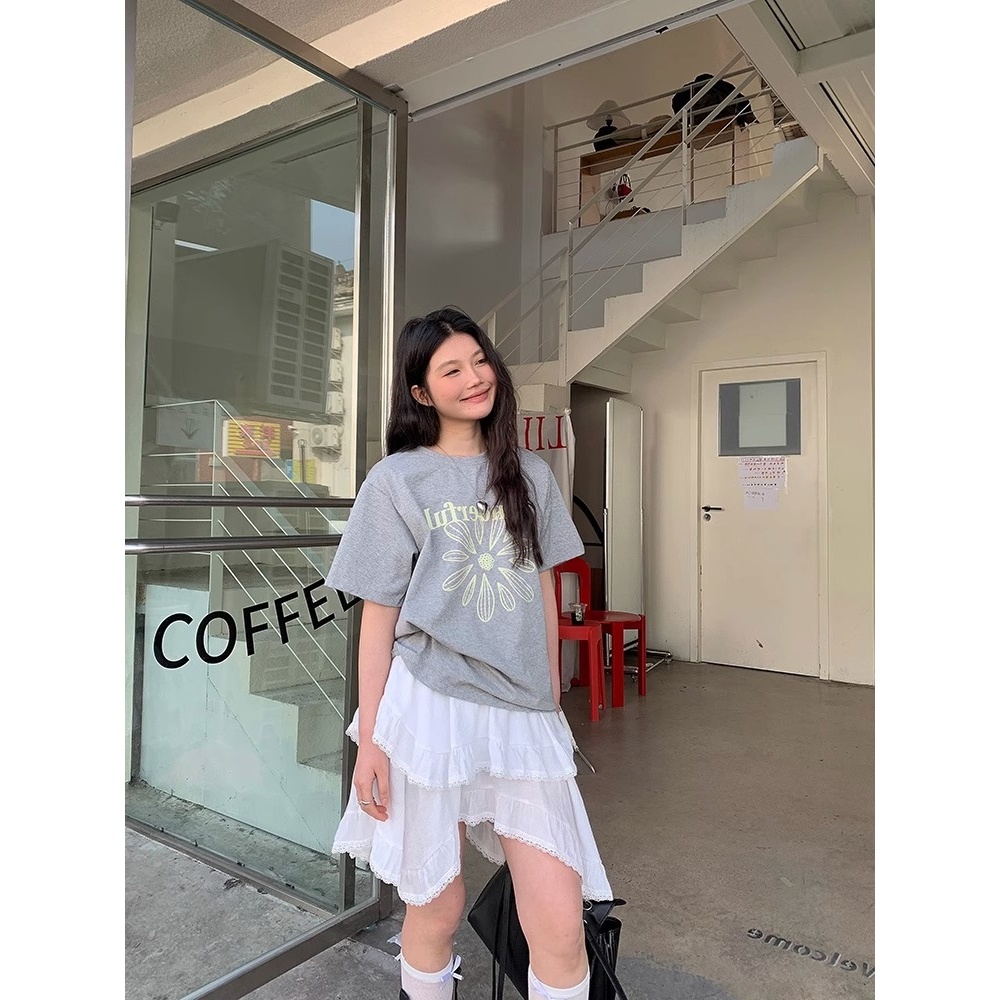 QYao Girls不规则蕾丝半身裙女2025新款高腰a字蓬蓬蛋糕白色短裙