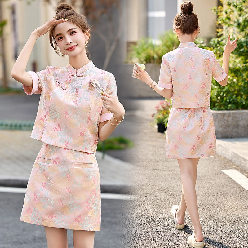 新中式国风提花套装裙女2025夏季新款复古盘扣改良旗袍短裙两件套