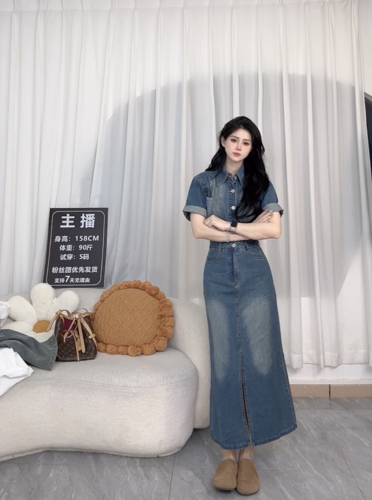 春夏新款气质时尚牛仔短袖连衣裙开衩长裙