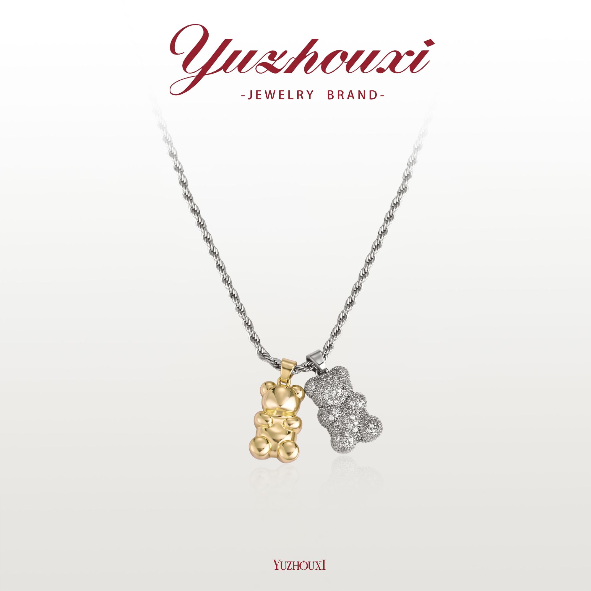 铜合金项链 I2-787【金银满锆ab小熊麻花链条项链】