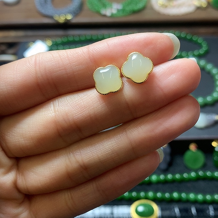 和田玉耳饰银S925镶嵌