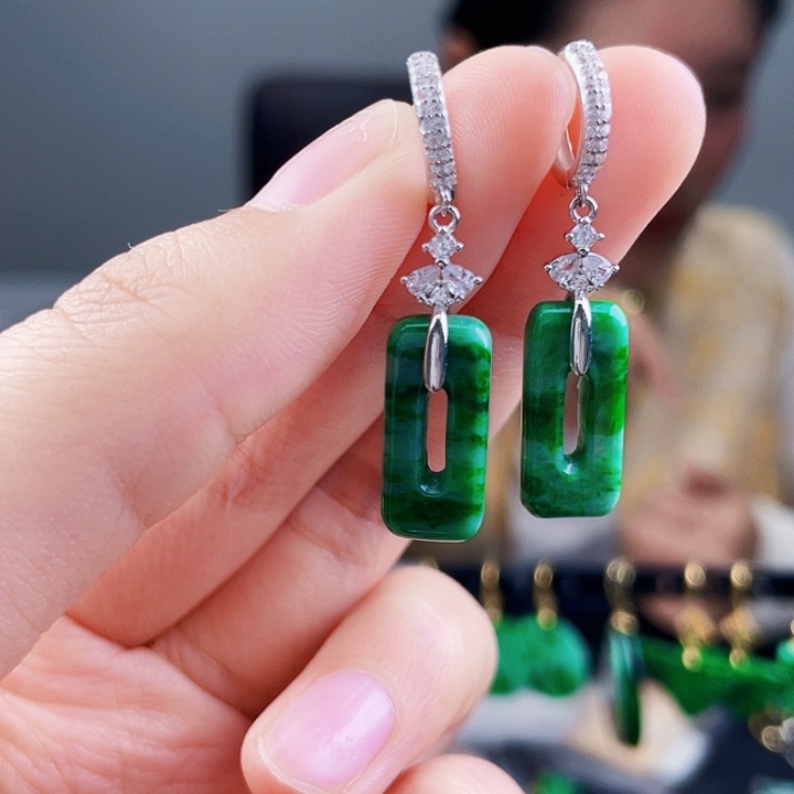 翡翠耳饰银S925镶嵌饰品