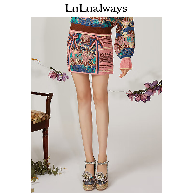 LULUALWAYS春秋新款复古蝴蝶结包臀针织短裙