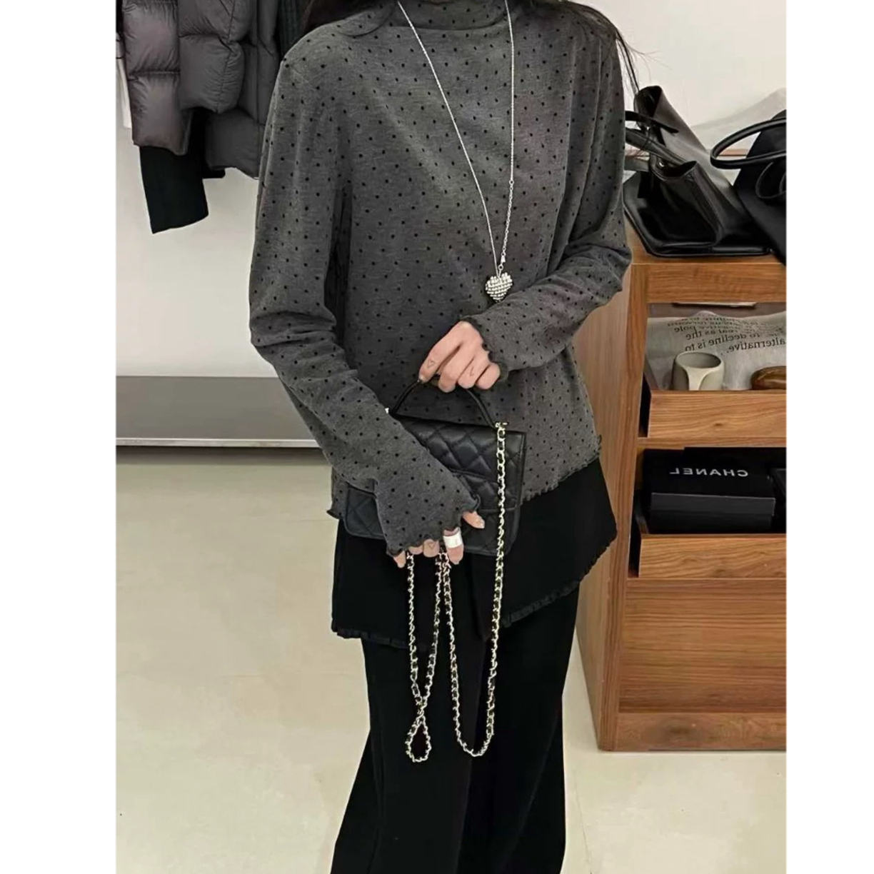 韩版半高领木耳边波点一体绒长袖T恤