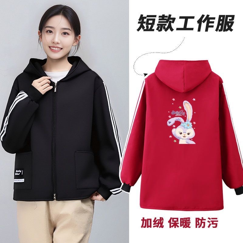 时尚短款加绒女外穿长袖围裙上班加厚罩衣干活防脏工作服爱外套R