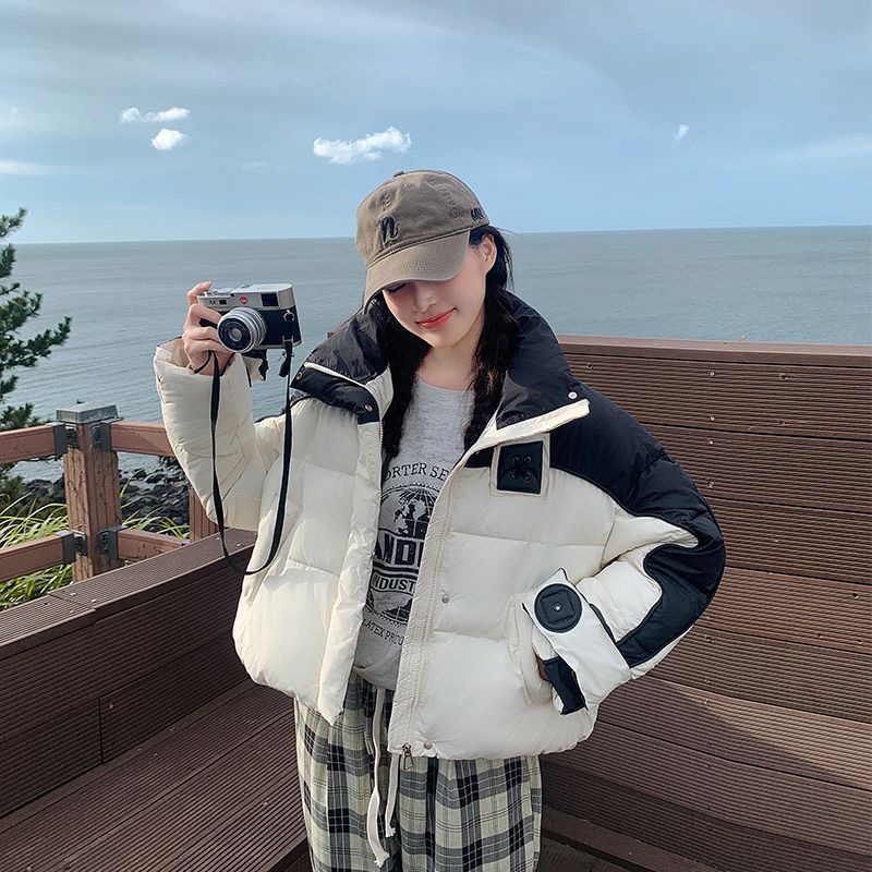 64区6629黑色短款拼接撞色加厚宽松冬季面包服