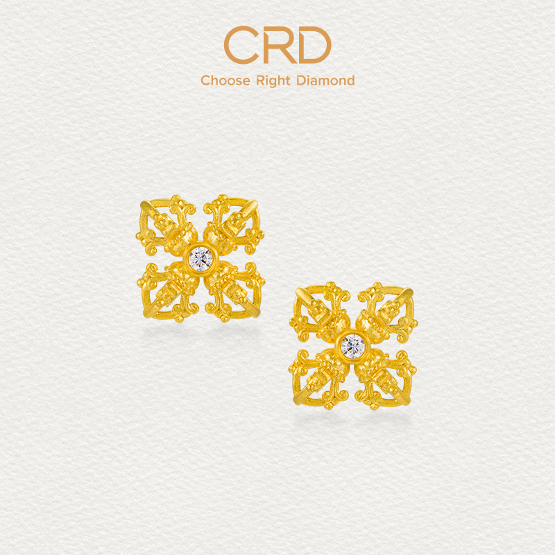 CRD克徕帝金刚杵足金钻石黄金耳钉十字架天然真钻耳环送女友三金