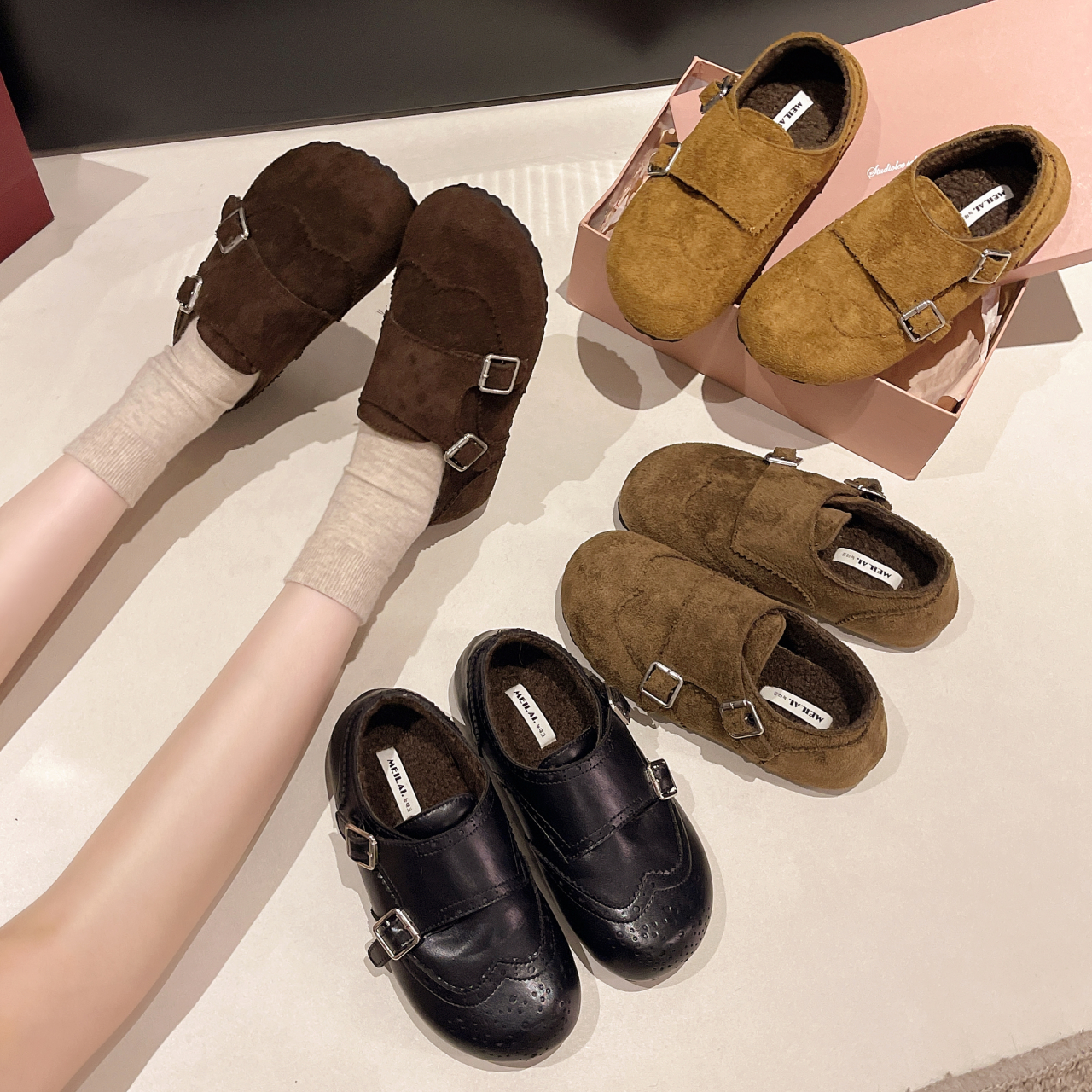 3cm 内增高加绒保暖勃肯鞋女2025冬季新款舒适圆头棉鞋棕色乐福鞋