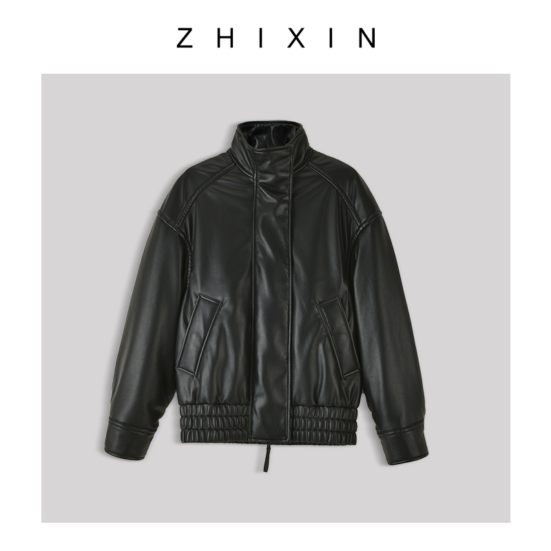 秋冬经典宽松棉服皮外套百搭 休闲立领黑色简约皮衣
