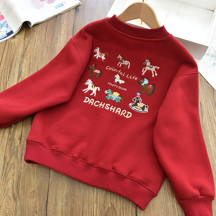 女童一体绒保暖刺绣小马新年款套头卫衣 中大儿童内搭上衣冬