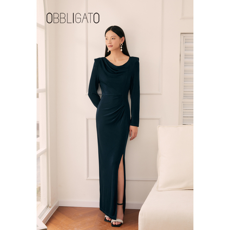OBBLIGATO奥丽嘉朵1C64505040专选2024秋季新品开衩丝绒连衣裙