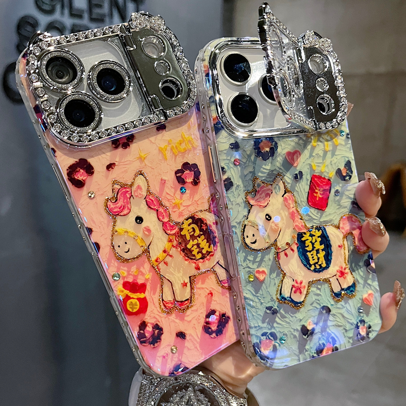 适用苹果系列iPhone17新款手机壳豹纹马上有钱满钻猫咪支架镜头框