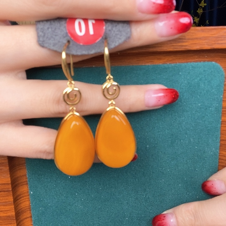 蜜蜡耳饰银S925镶嵌耳吊