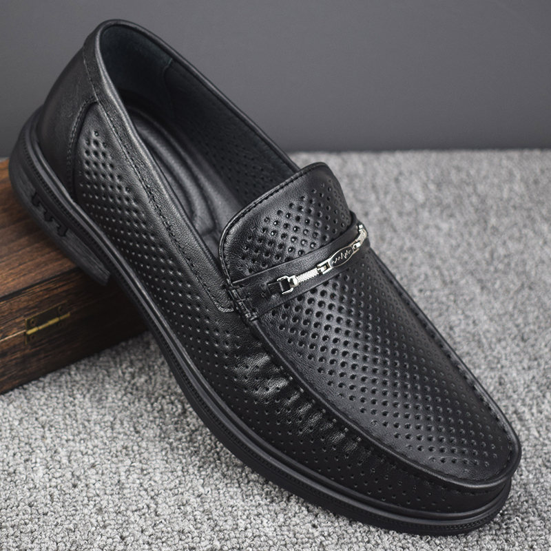 男士夏季凉皮鞋真皮软底透气镂空商务休闲防滑一脚蹬懒人豆豆鞋男