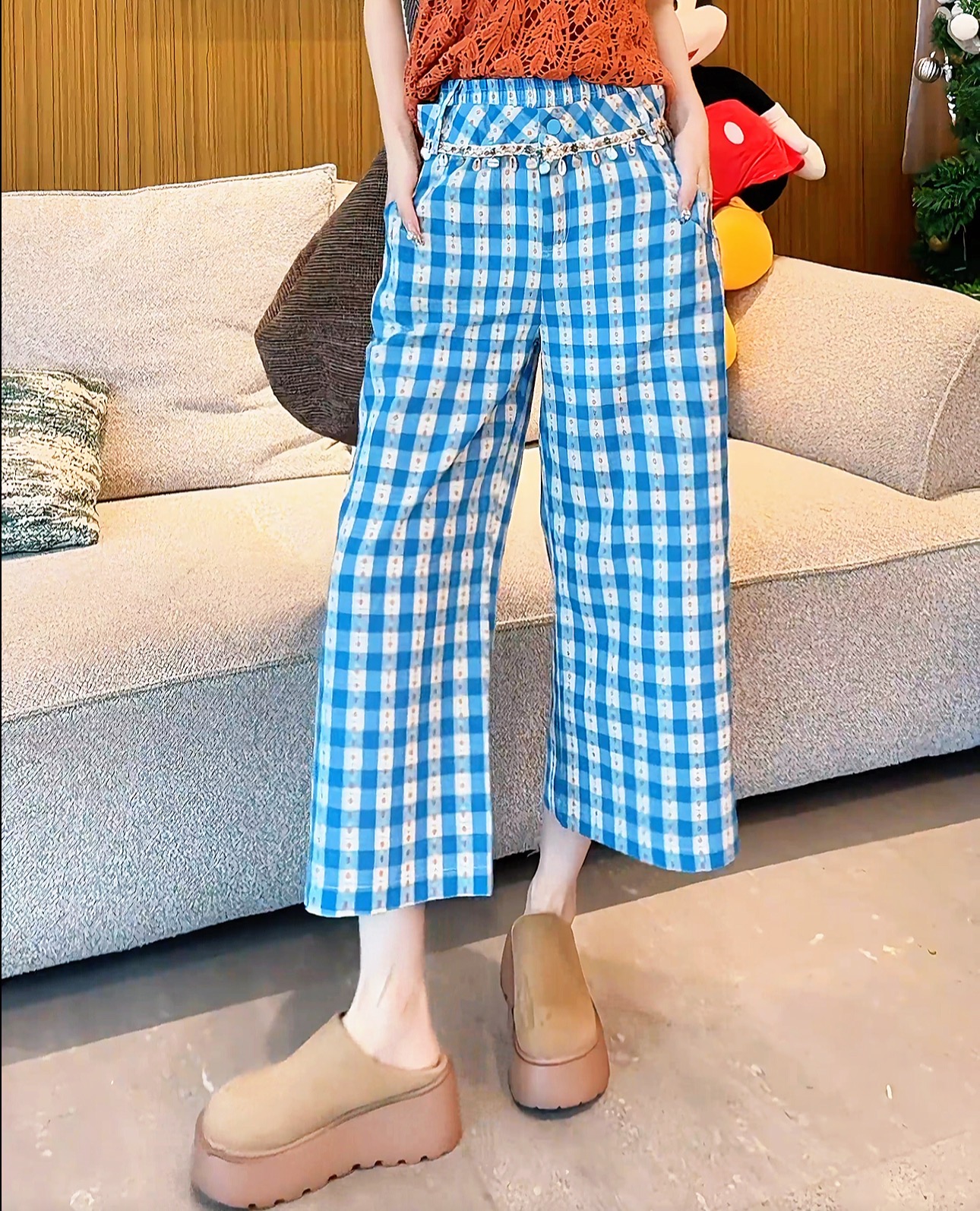 c3356 CC推荐 夏日多巴胺蓝色格子阔腿休闲裤