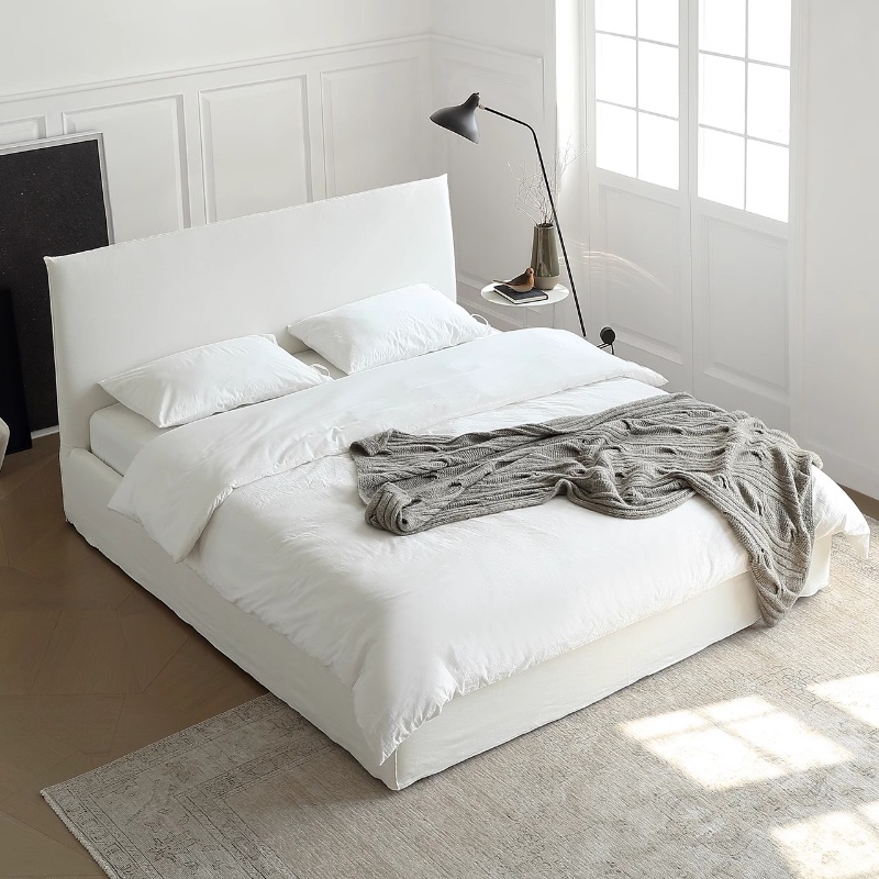 简约侘寂风布艺床亚麻可拆洗北欧双人大床现代简约婚床薄靠背床