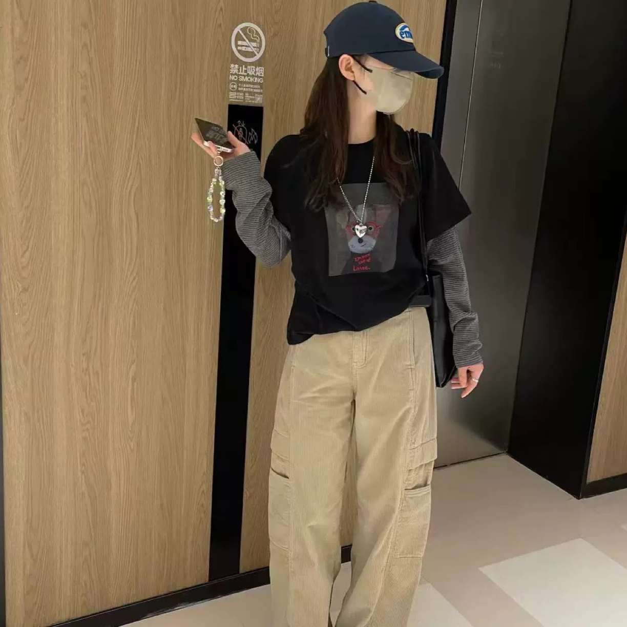 韩国东大门秋冬磨毛百搭卡通假两件拼接条纹长袖T恤