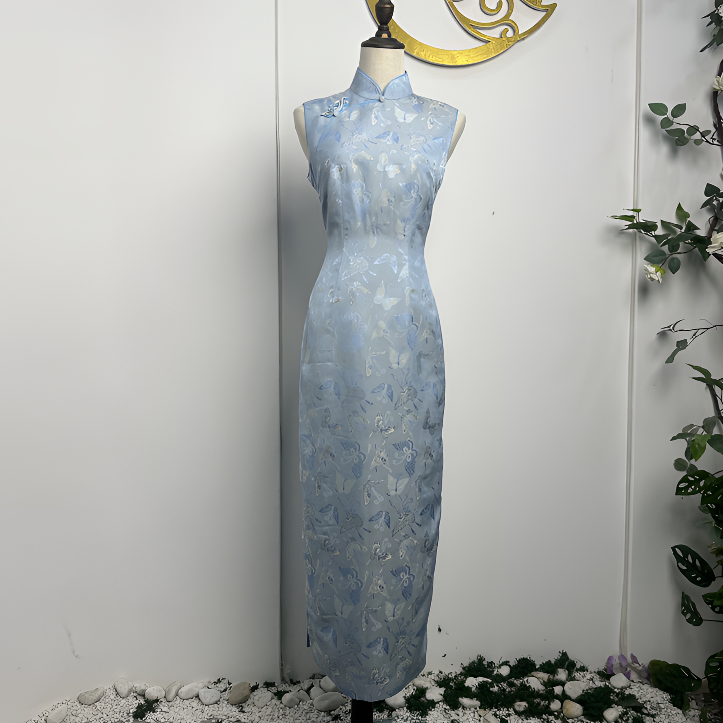 褀玉[蝶语芳菲]新中式淡蓝双色人丝提花中式修身优雅国风微胖旗袍