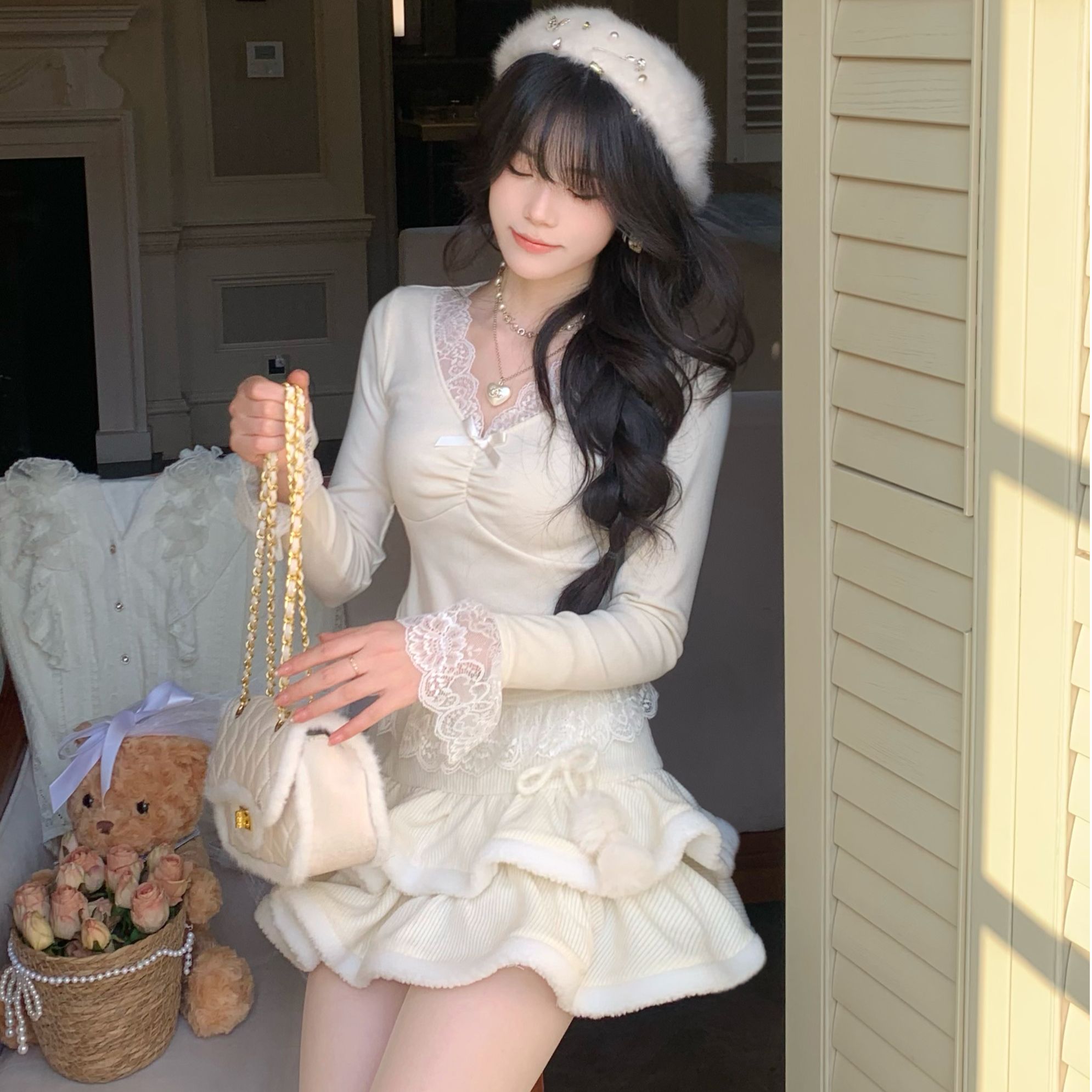 Blovelan秋冬新款甜美精致蕾丝花边打底针织上衣