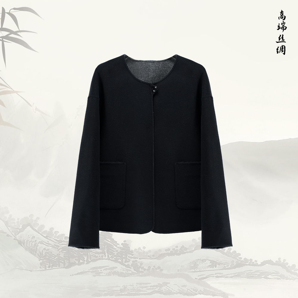 新款羊毛羊绒百搭休闲圆领宽松双口袋长袖外套54013