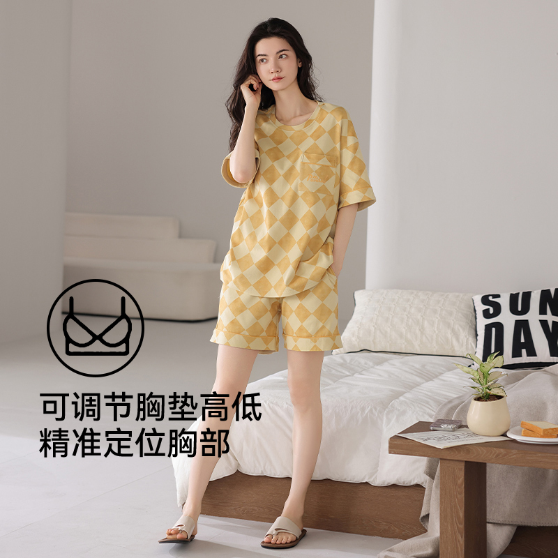 睡衣女款2025新款夏季纯棉薄款超火带胸垫一体短袖女士家居服套装